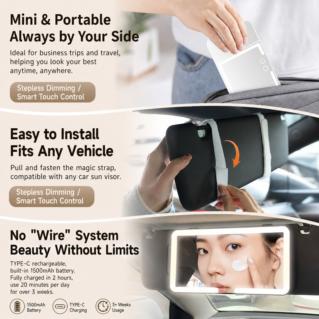 Car Sun Visor Vanity Mirror with Lights - 3 Light Modes & Rechargeable LEDs