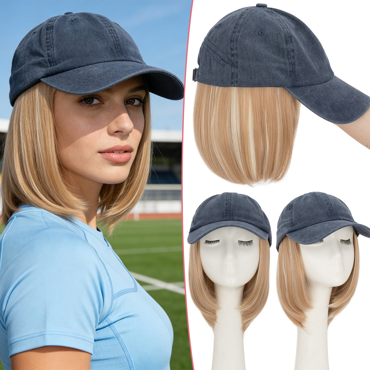 6-Inch Baseball Cap with Detachable Straight Wig for Women, Sun Hat, Cosplay