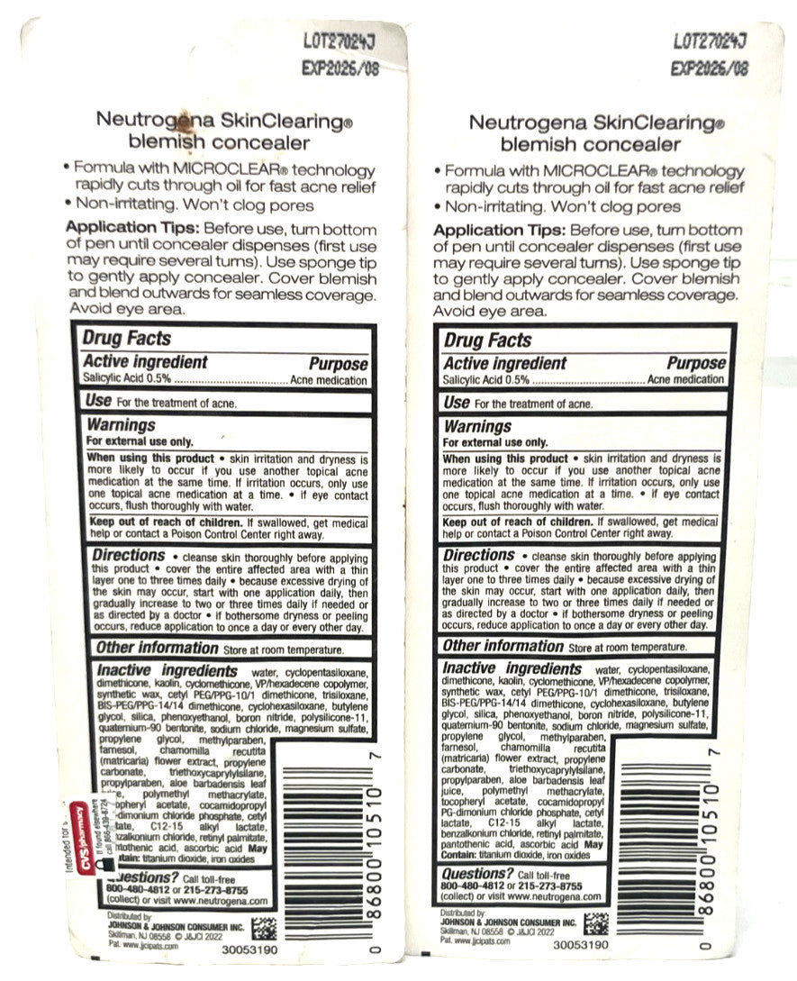 (2) Neutrogena SkinClearing Blemish Concealer - Light, Sealed, 10
