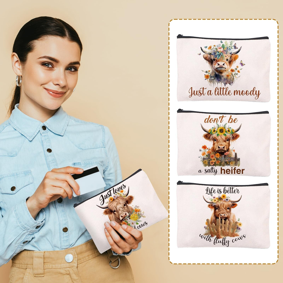 4PCS Highland Cow Makeup Bag Set - Farm Theme Cosmetic Pouches for Women