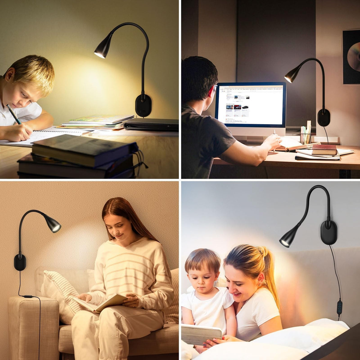 2 Pack LED Wall Mounted Reading Lights with 5 Color Modes, Dimmable, USB Charging