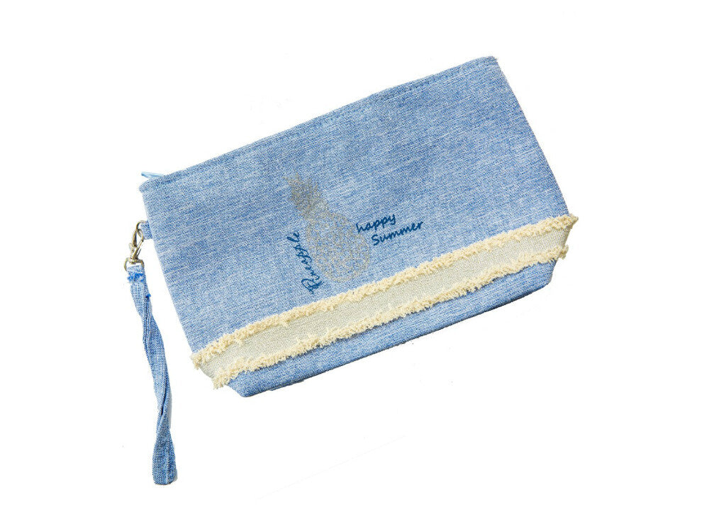 Blue Glitter Pineapple Makeup Cosmetic Pouch Bag with Wrist Strap - 10x6 Inches
