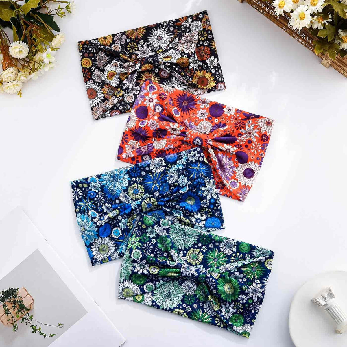 Wide Boho Headbands Floral Stretch Head 1 Count (Pack of 4),