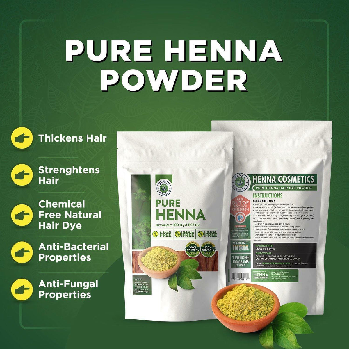 100% Pure Henna Powder - Natural Hair Dye, 100g Organic