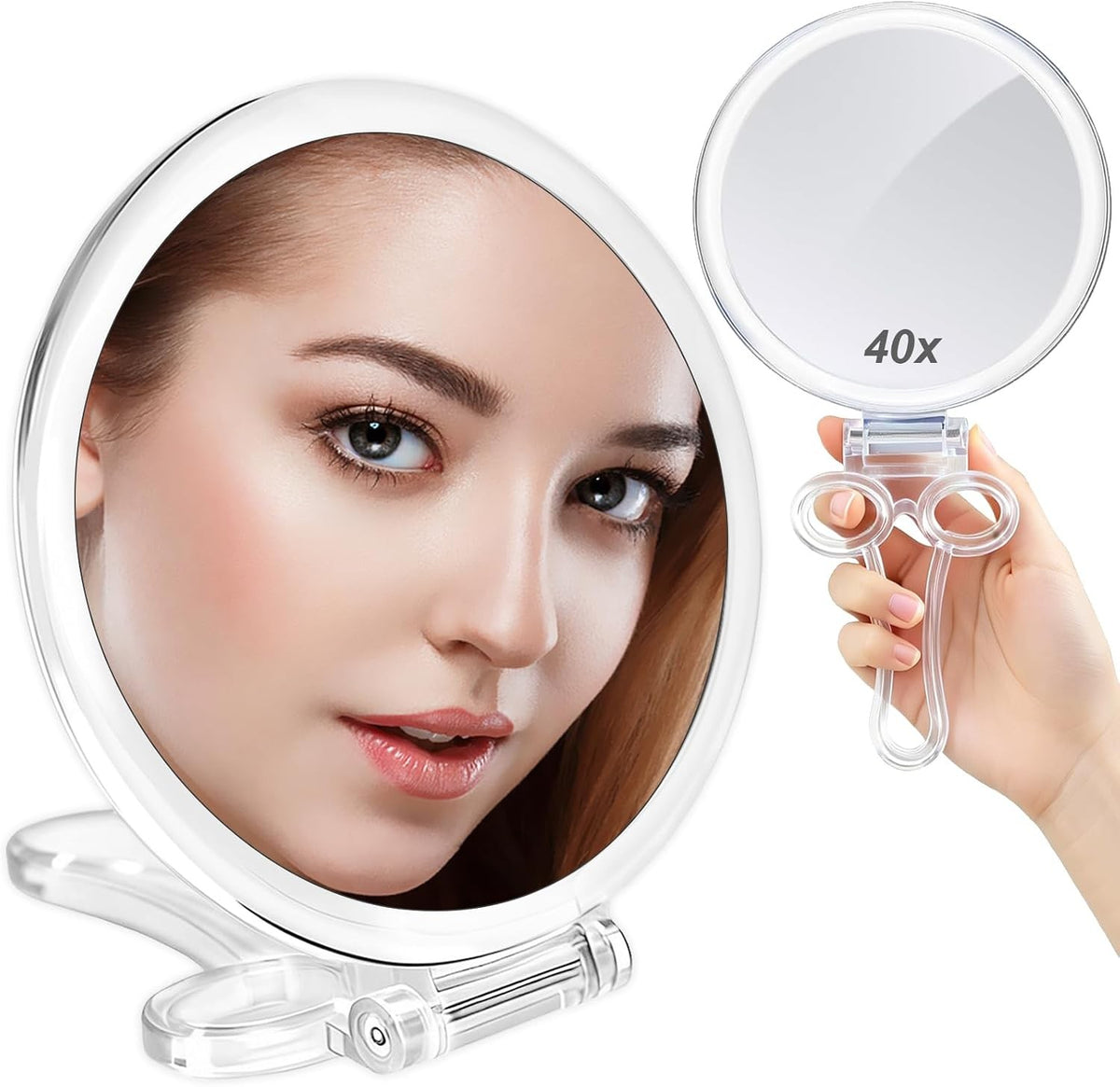 Double Sided Magnifying Hand Mirror with Handle - 1X & 40X Portable Travel Makeup Vanity
