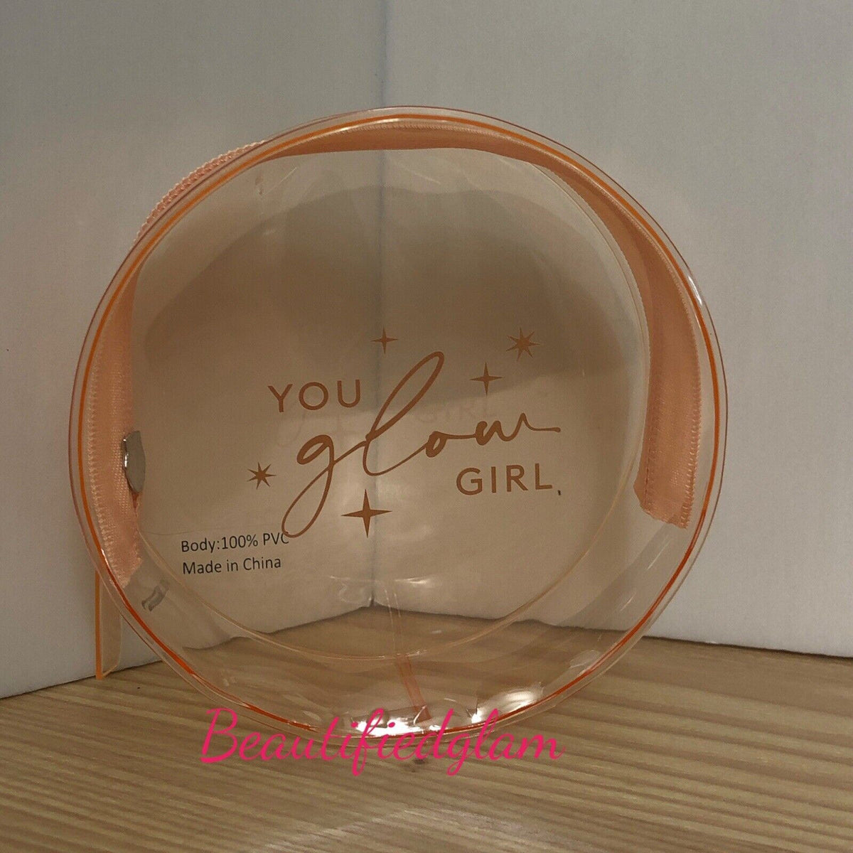 Small Travel Cosmetic and Jewelry Bag - Peach PVC, Lightweight & Transparent