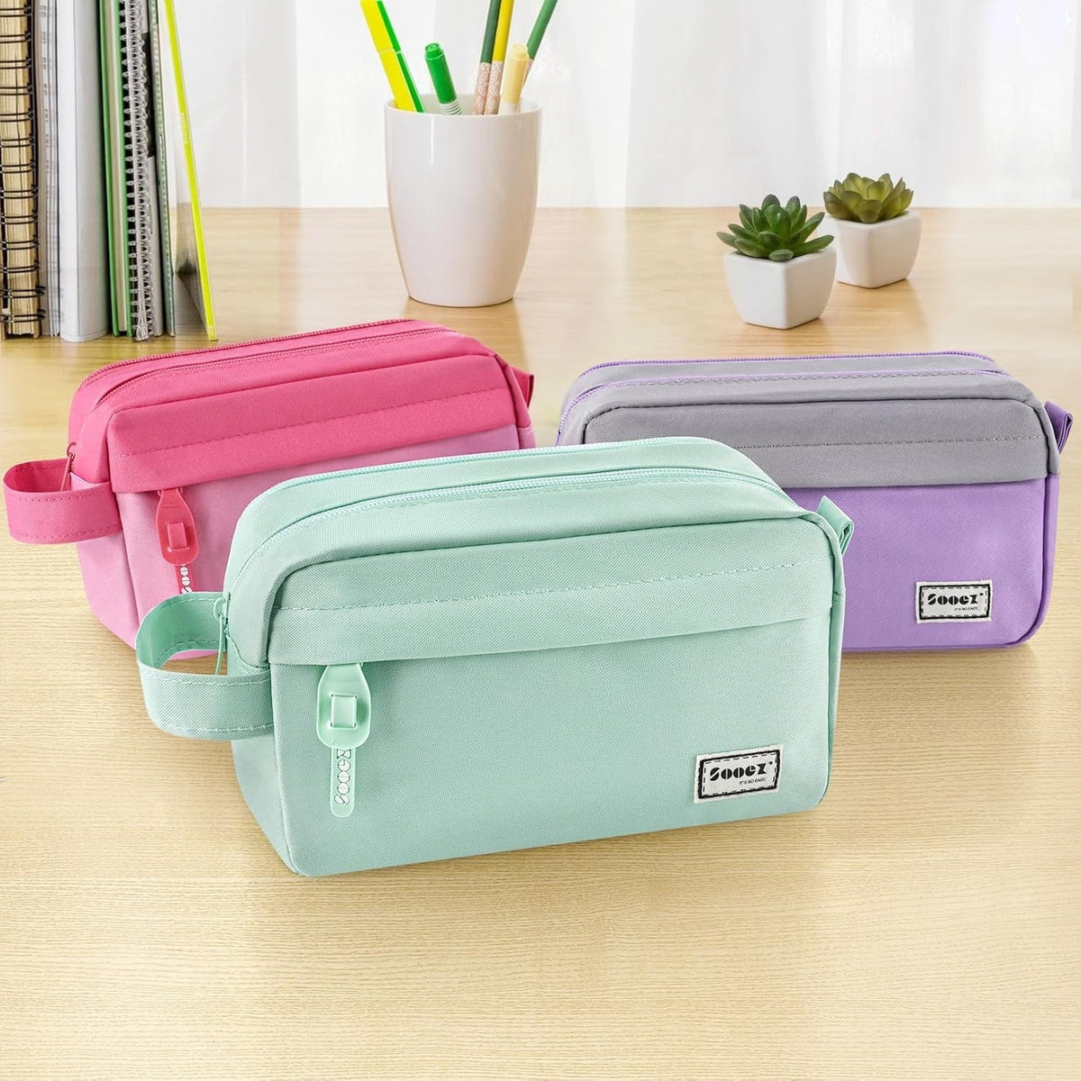 Large Mint Green Pencil Case with Handle, Multiple Compartments & Zipper