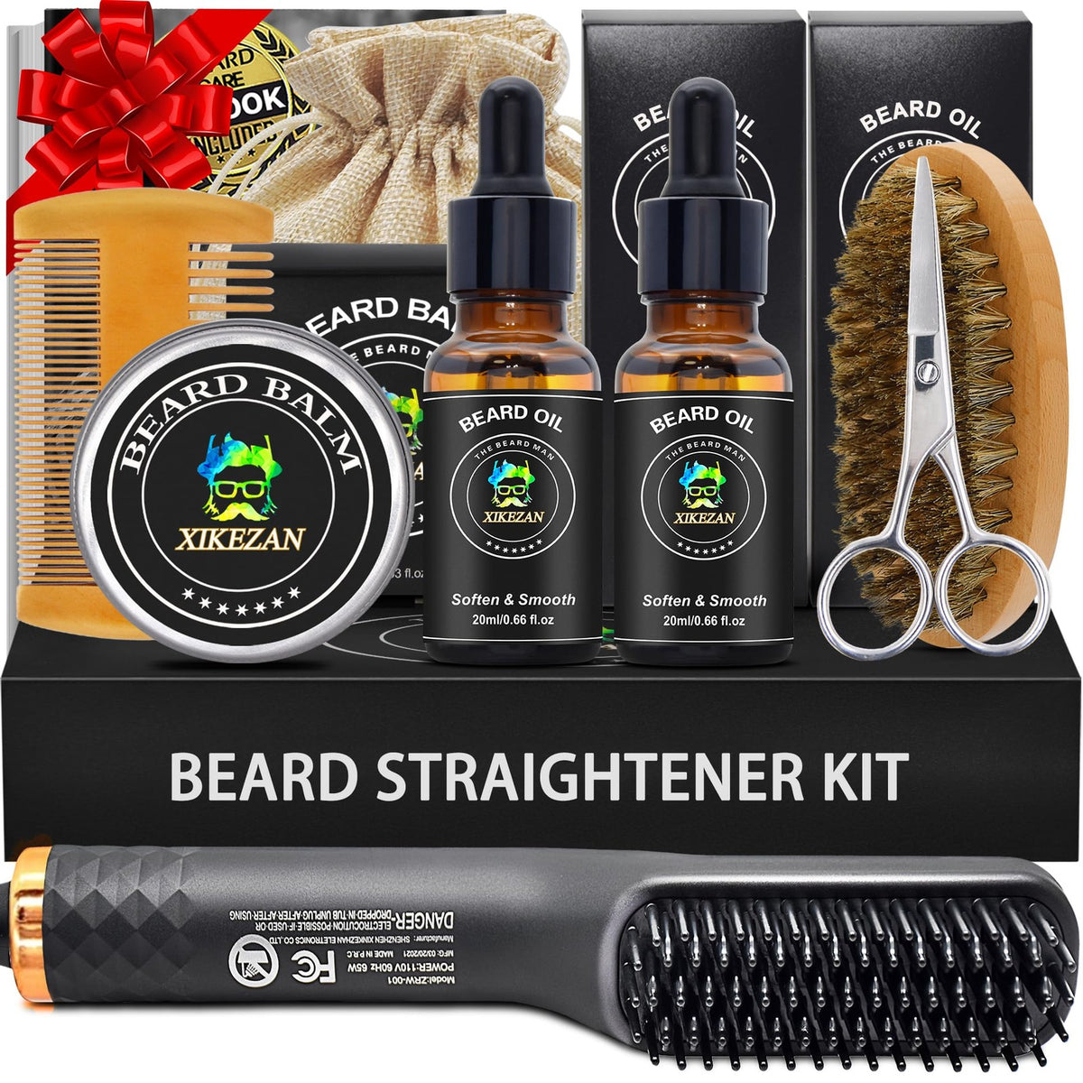 Men's Beard Straightener Kit with 2 Beard Oils, Balm, Comb, Scissors & Brush
