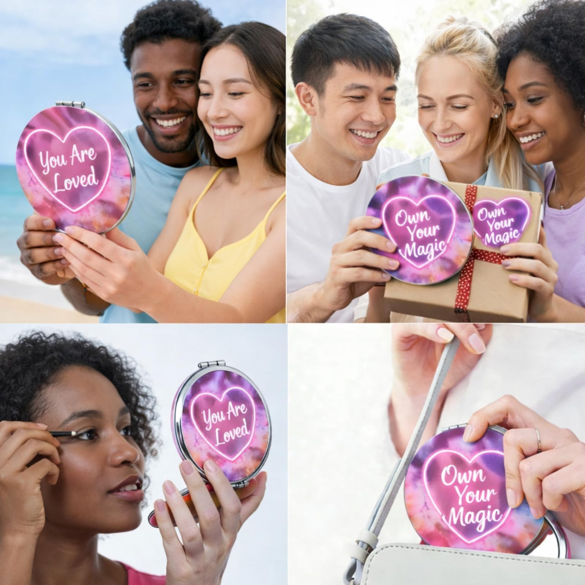 Neon Heart Travel Compact Mirror with 'You Are Loved' - Pink Pocket Mirror