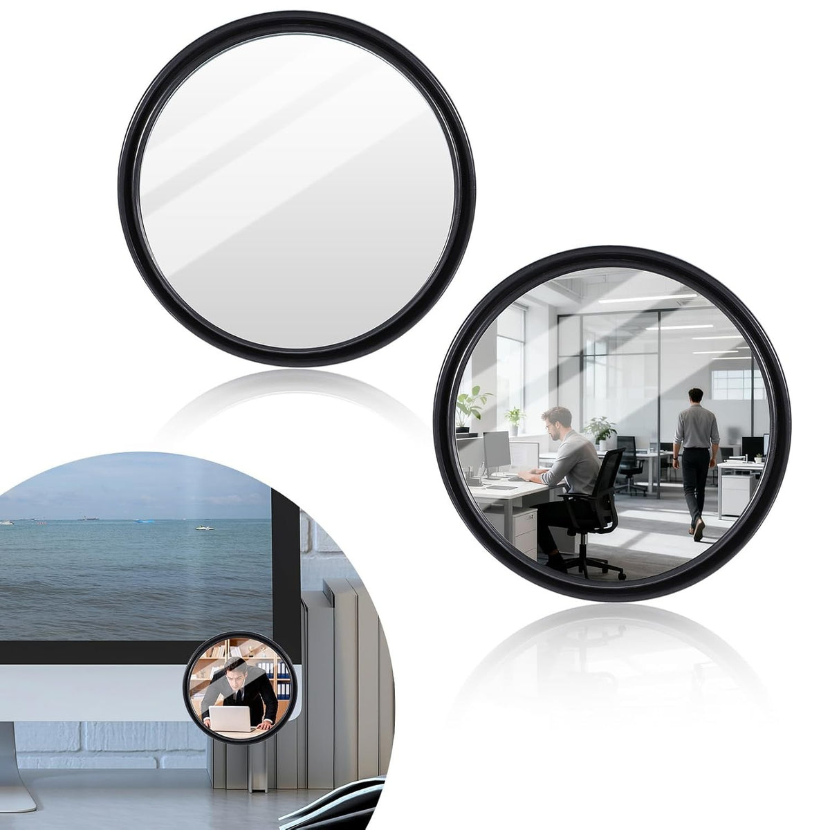 Adjustable Convex Office Desk Cubicle Mirrors - Set of 2, Stick-On Rear View