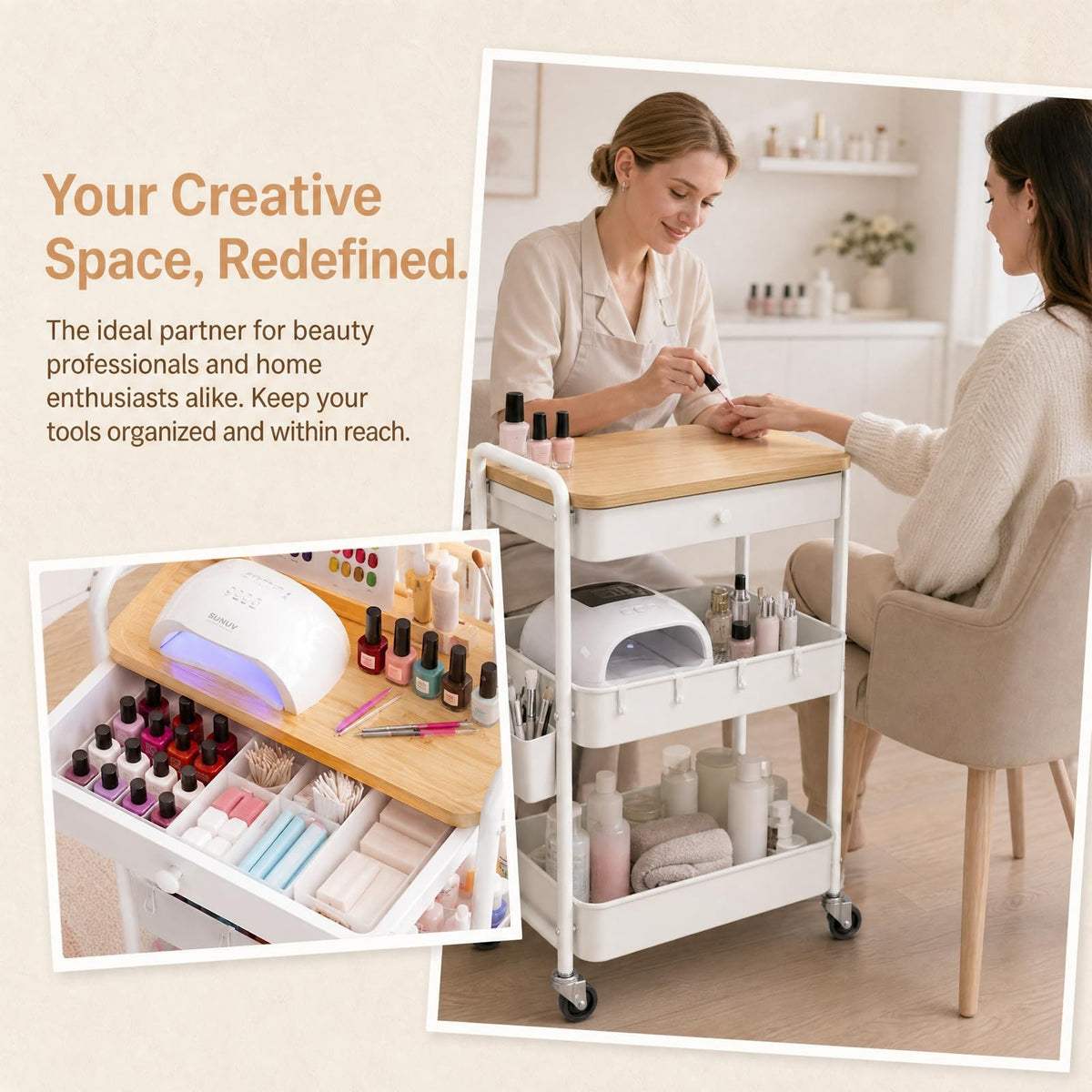 3-Tier Metal Rolling Makeup Cart with Drawers and Wheels, White, Portable Organizer