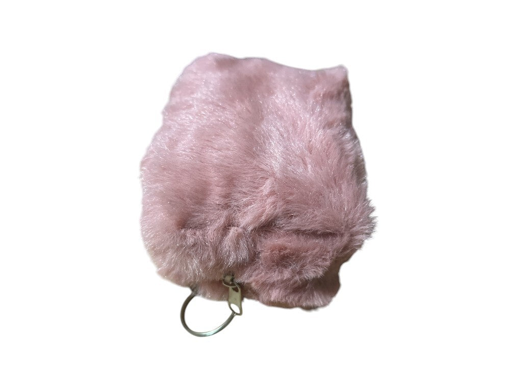 Pink Faux Fur Mini Cosmetic Bag with Zipper & Key Ring - 4.5 Inch