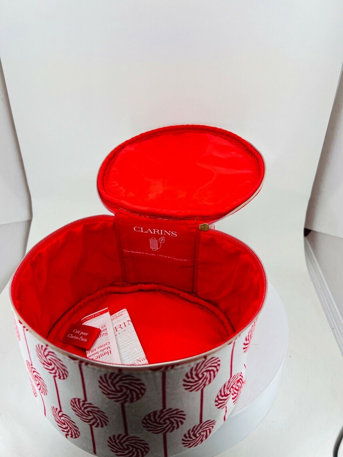 Clarins Cosmetic Pouch with Zipper & Handle — Fabric Round Bin