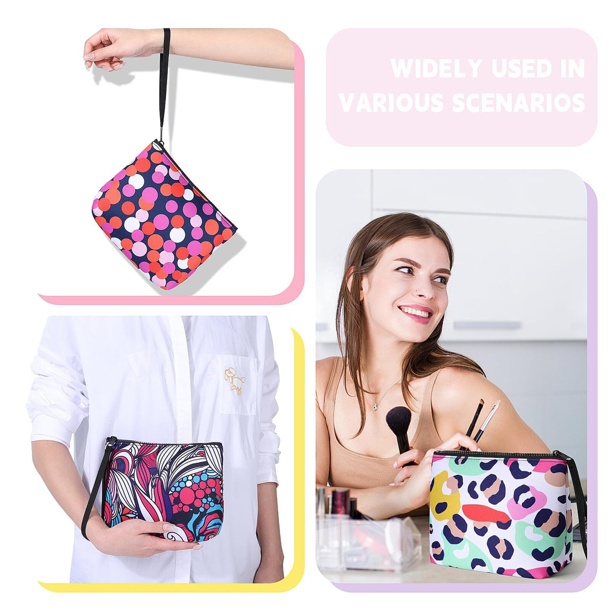 Large Neoprene Makeup Bag with Handle - Travel Cosmetic Organizer, Washable, Colorful Hearts