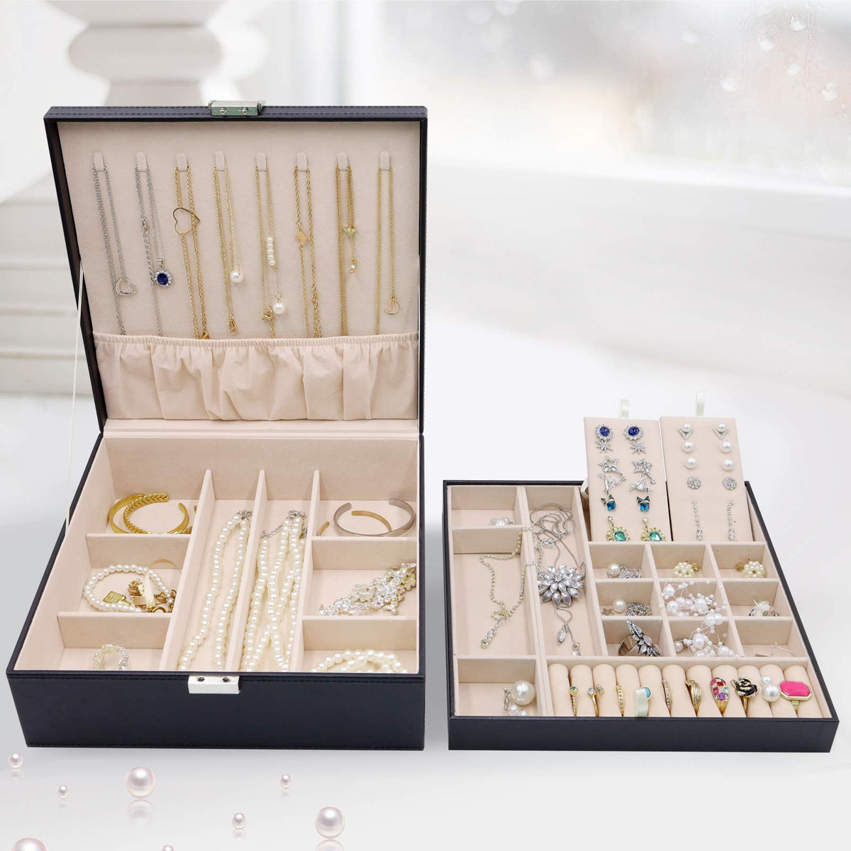 Large 2-Layer Jewelry Box Organizer for Women, 10.43 x 3.54 Inches, Black