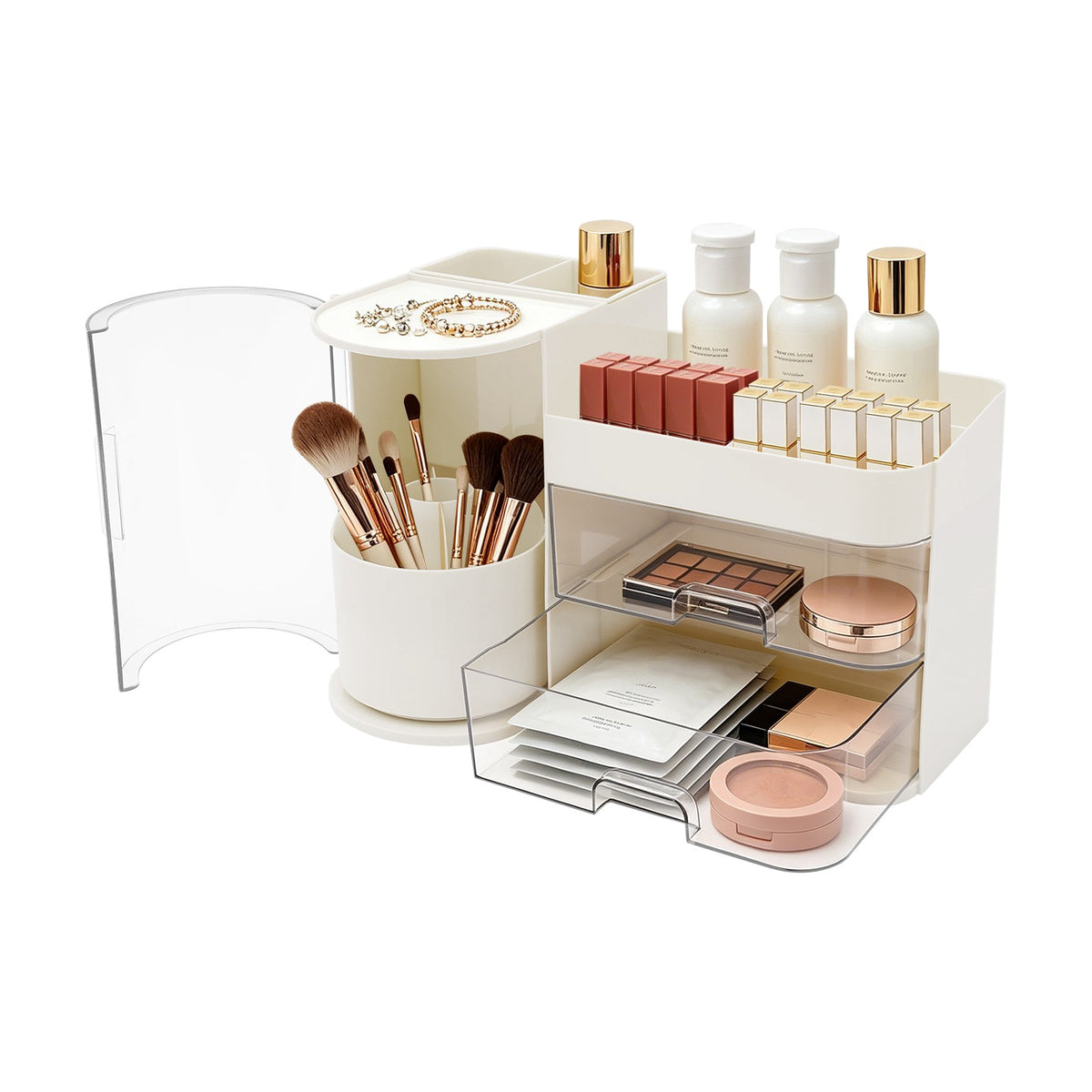 Rotating Makeup Organizer with Drawers and Brush Holder - White