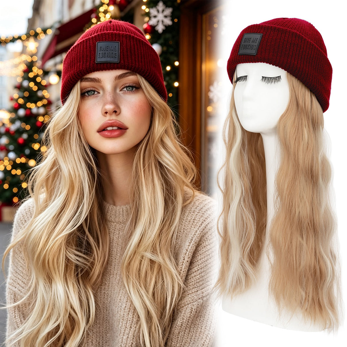 Winter Knit Beanie Wig with Water Wave Hair - Warm and Stylish