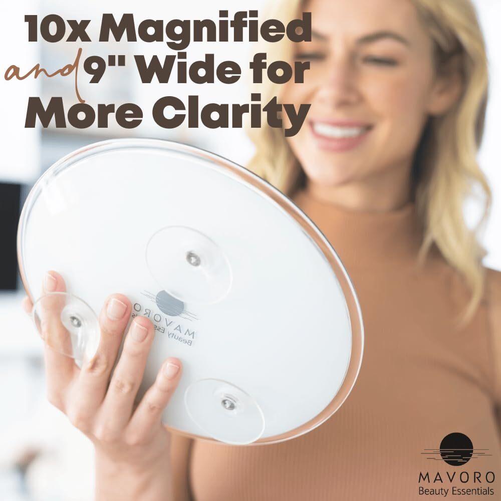 9 Inch Magnifying Mirror with Suction Cups 10X Clarity, Travel-Size