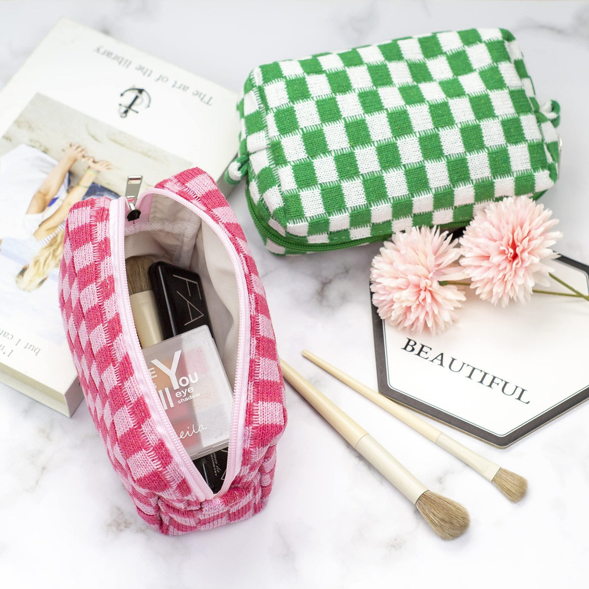 Checkered Makeup Bag with Handle, Compact Rectangular Cosmetic Organizer