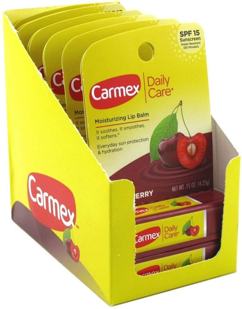 Carmex Cherry Lip Balm Stick 12-Pack with Display Box - Flavored Moisturizer