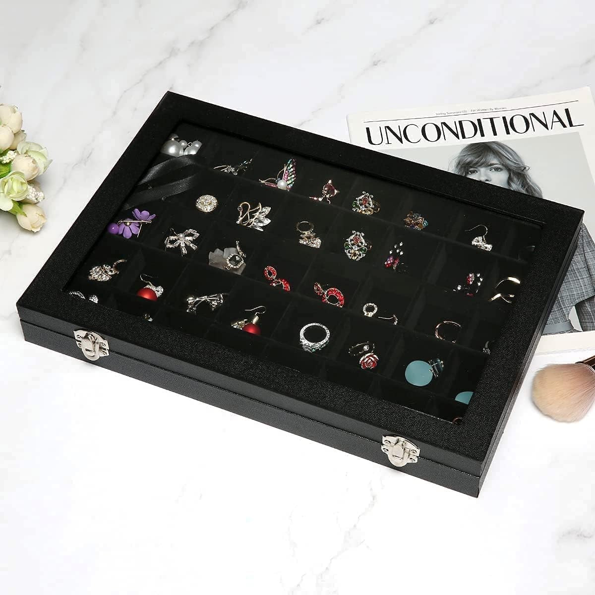Jewelry Organizer Box with 40 Grid Compartments and Transparent Lid for Earrings and Rings