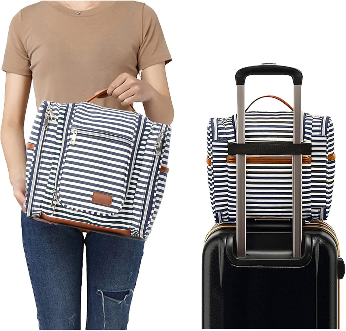 Large Hanging Travel Toiletry Bag with Water-Resistant Organizer - Navy Striped