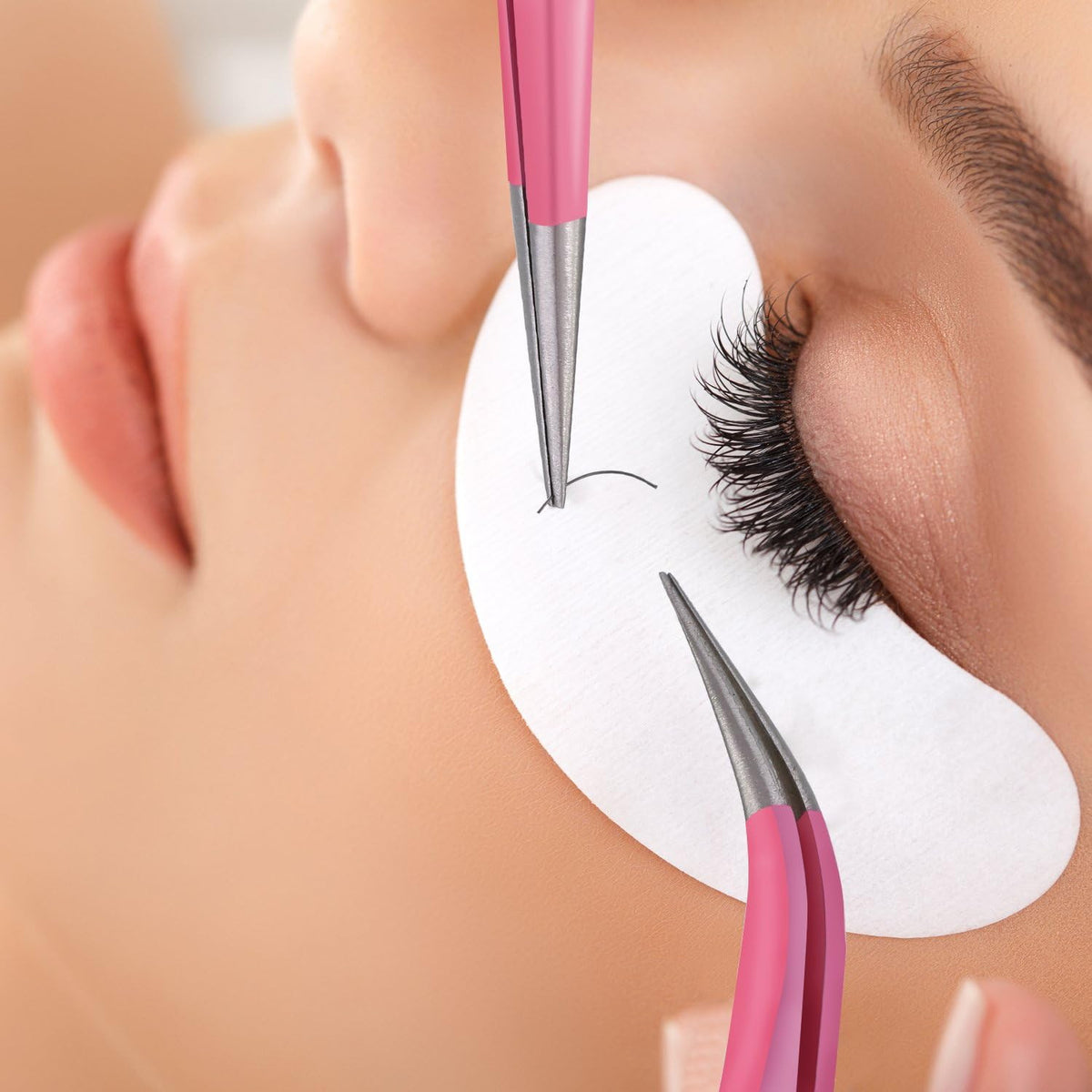 Pink Eyelash Extension Tweezers Set with Cloth Bag - Stainless Steel, 3 Pieces
