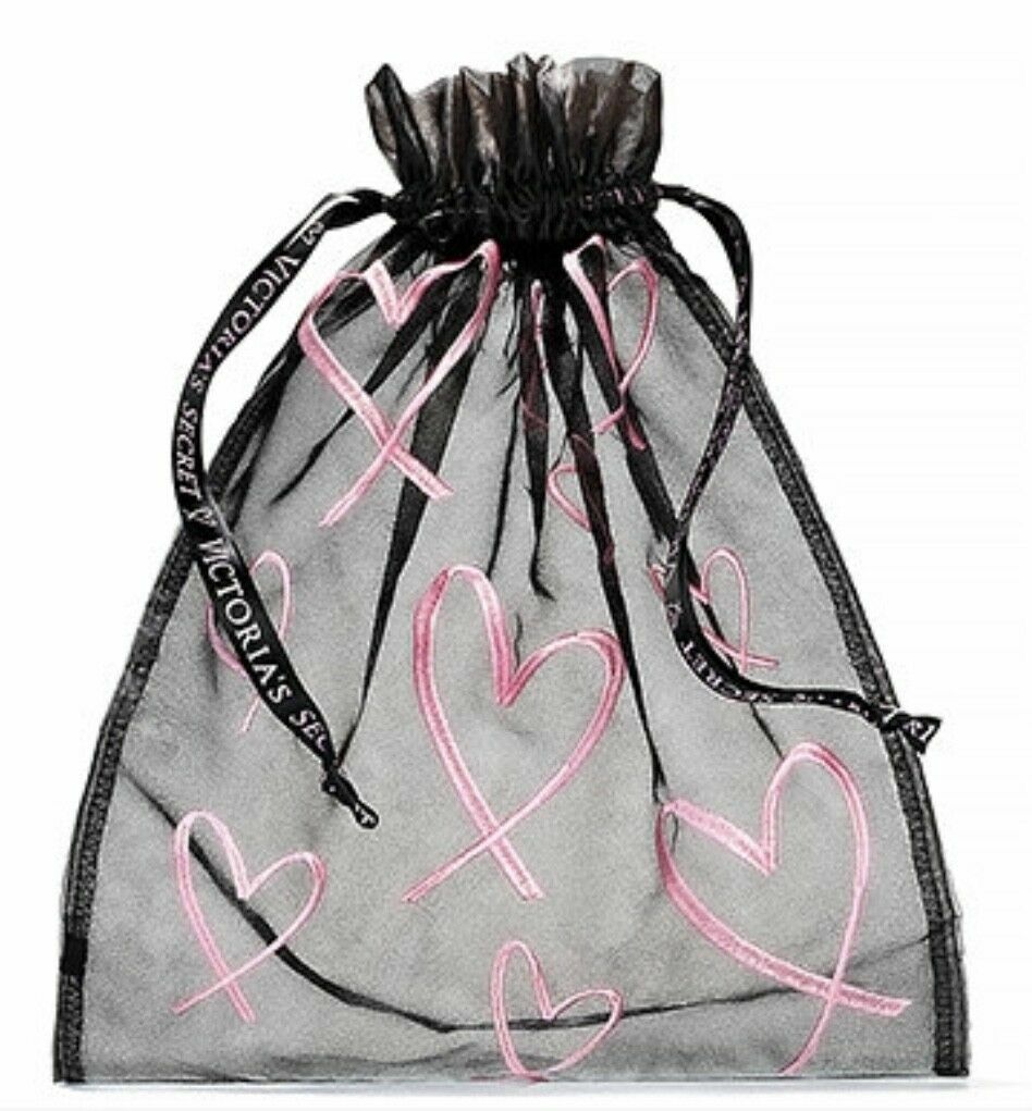 Victoria's Secret Mesh Lingerie Pouch with Drawstring Black Pink Hearts