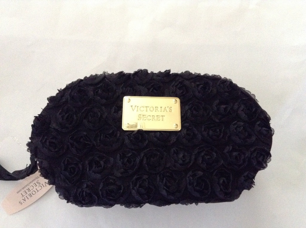 Travel Makeup Organizer Bag with Flower Design Satin Black