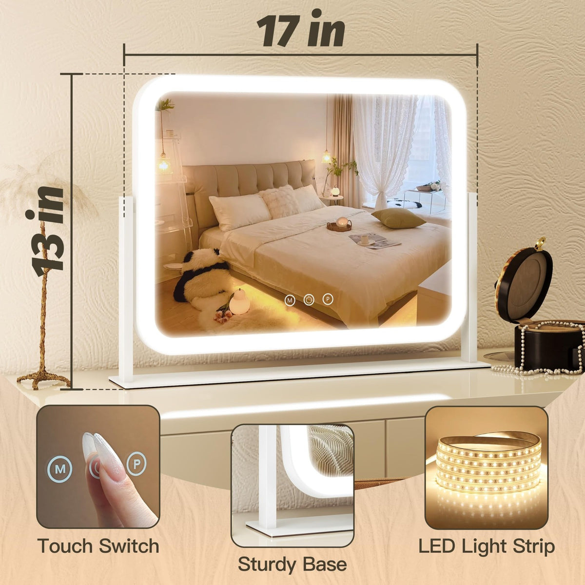 FENNIO Vanity Mirror with Lights 17x13 inch Touch Screen Dimmable Makeup Mirror