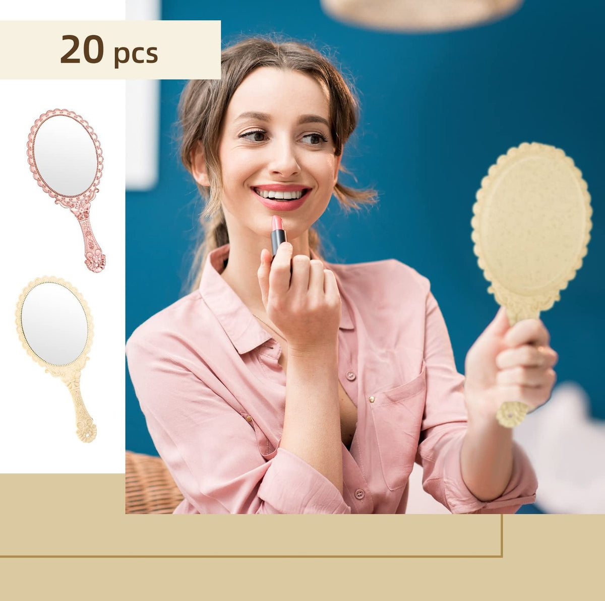 Vintage Handheld Makeup Mirrors Set - 20 Pieces with Handles, 9.8 Inches, Retro Flower Design