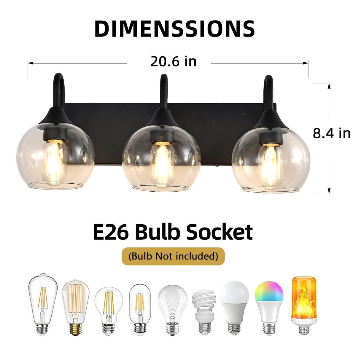 3-Light Matte Black Bathroom Vanity Light with Glass Globe Shades