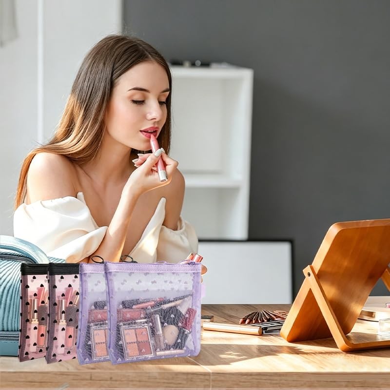 Heart Print Mesh Makeup Bags Set - 4 Pcs Cosmetic & Toiletry Organizer