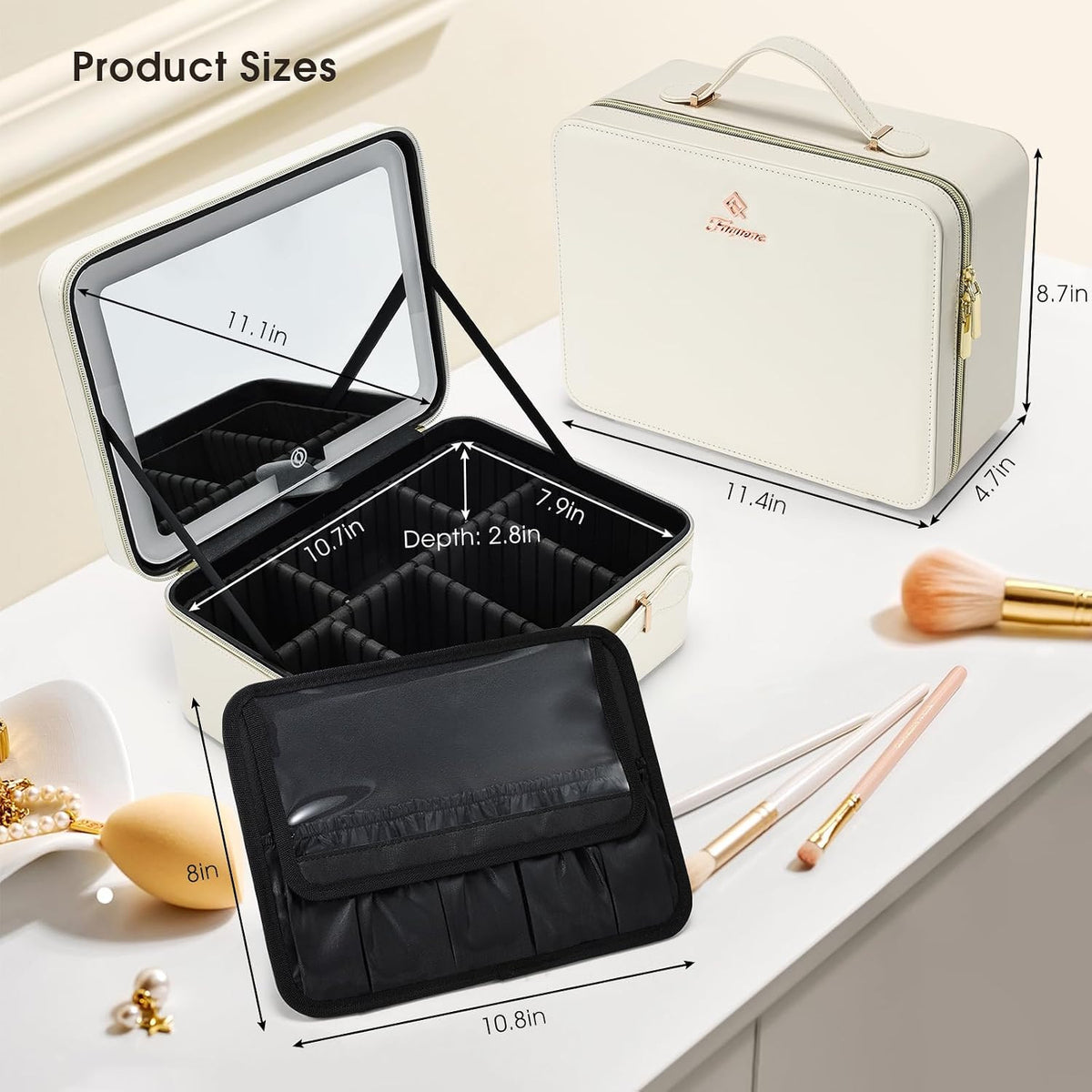 Travel Makeup Bag with LED Lighted Mirror and Waterproof Leather Storage Case