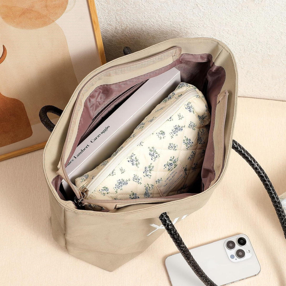 Large Quilted Cotton Makeup Bag 2-Pack Floral Travel Cosmetic Organizer