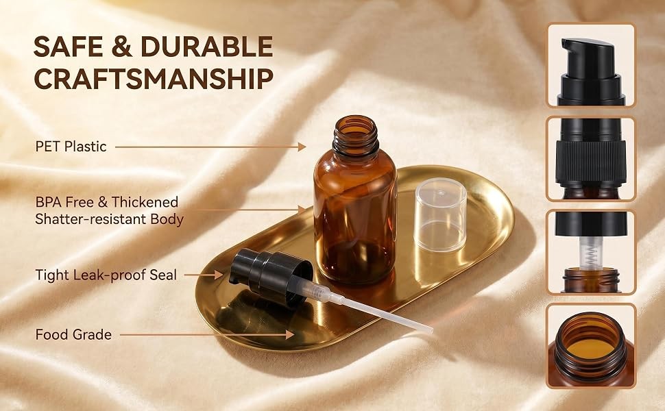 3 Pack 60ml Amber Plastic Travel Lotion Bottles with Pump Dispenser
