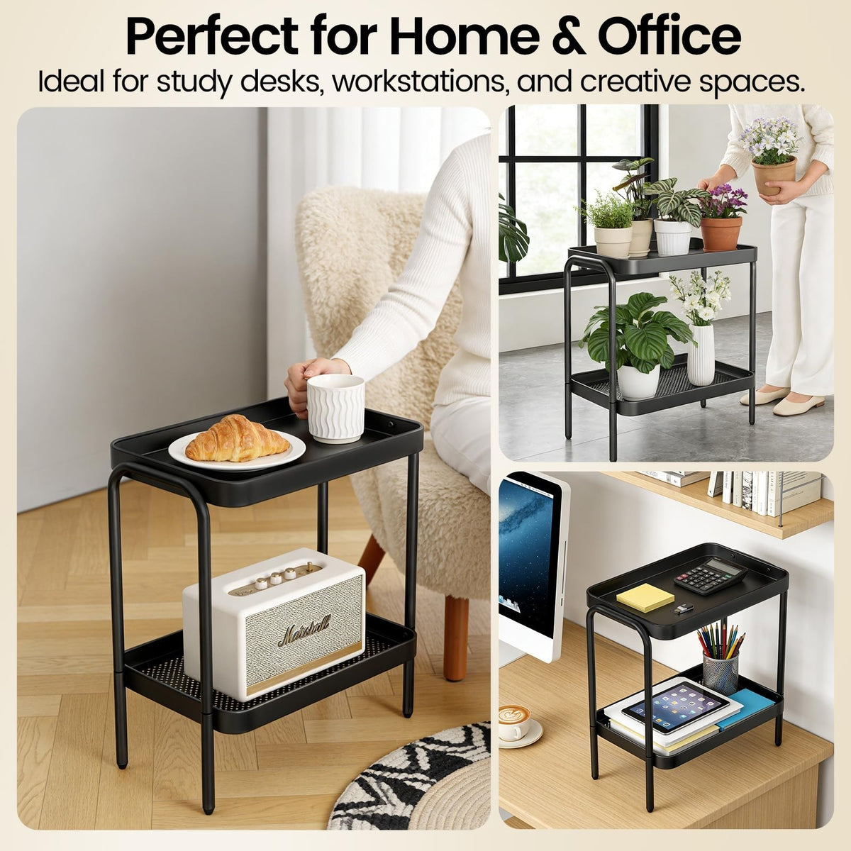 2-in-1 Desktop & Floor End Table with Storage Shelves - Small Space Nightstand
