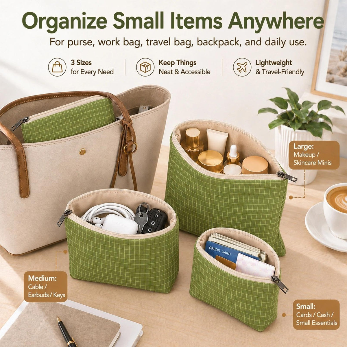 Travel Organizer Pouches Set - 3-Pack Green Checkered Nylon Makeup & Card Pouches