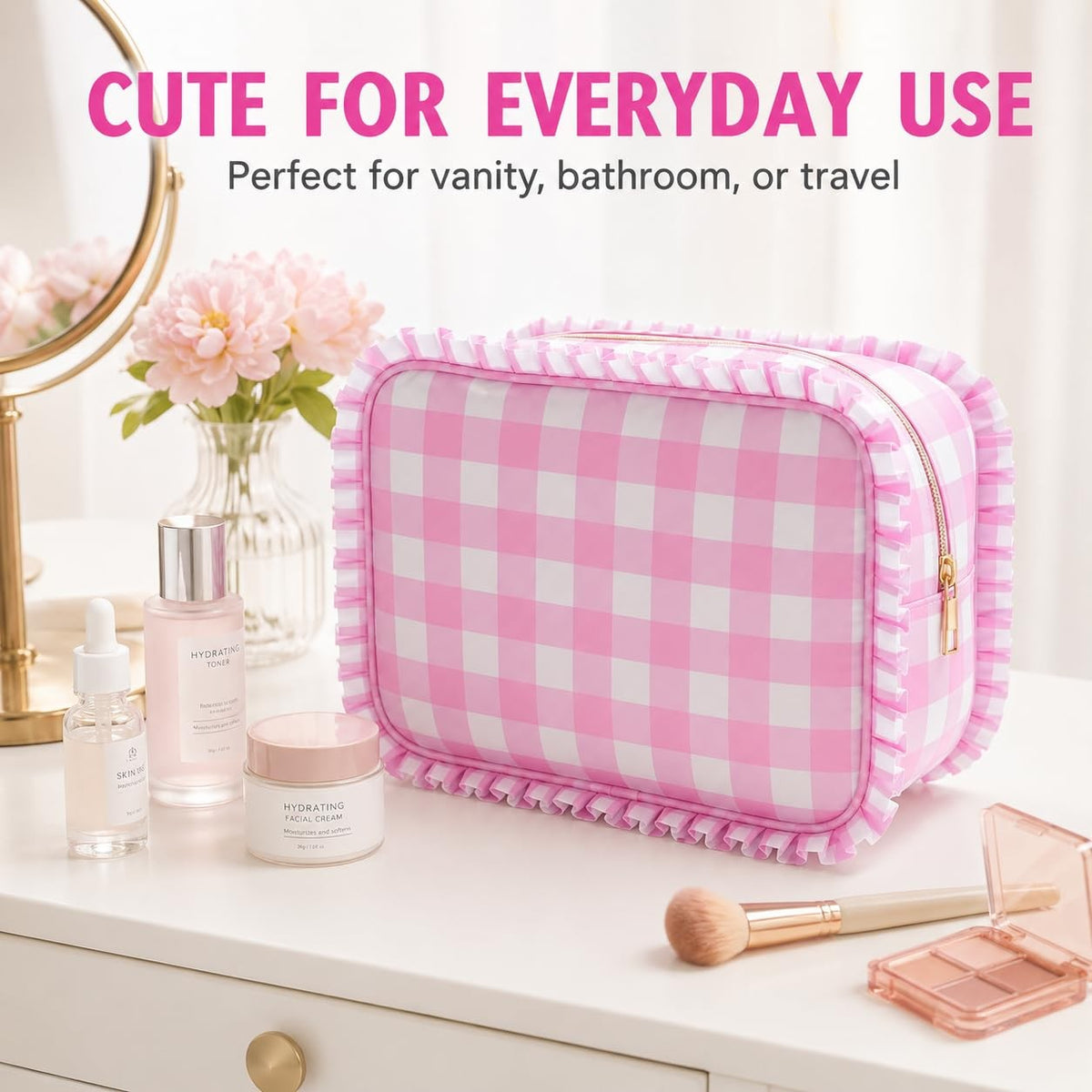 Gingham Ruffle Makeup Bag Set with Mirror and Plaid Design - Pink