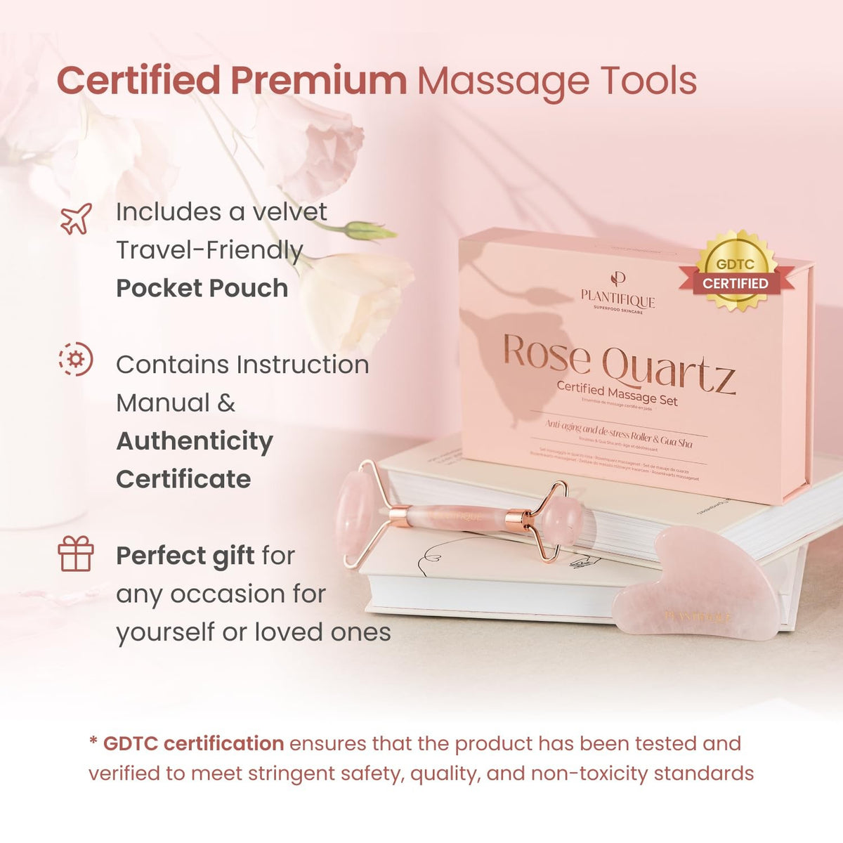 Face Roller and Gua Sha Set - Rose Quartz Facial Massager for Skin Tightening and Puffiness Reduction
