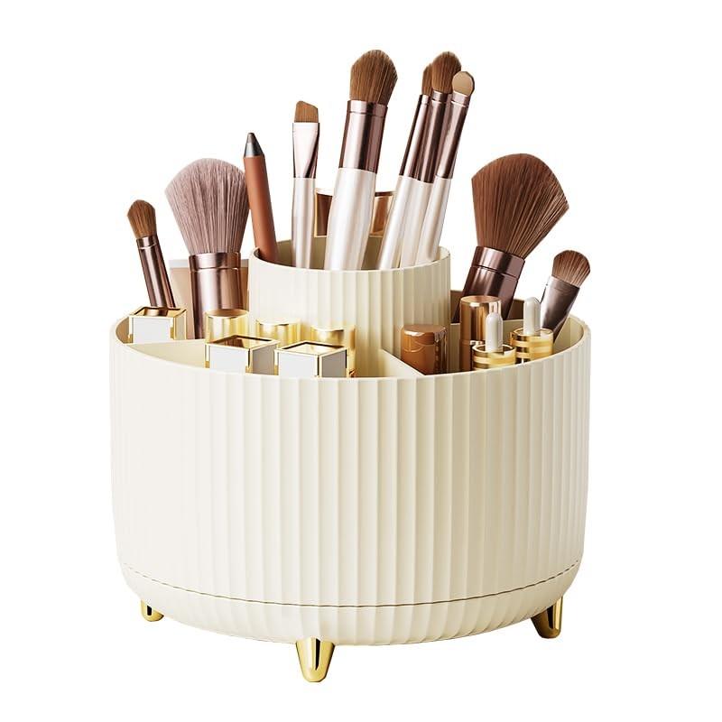 360° Rotating Makeup Brush Organizer Cup with 5 Slots - Vanity Storage