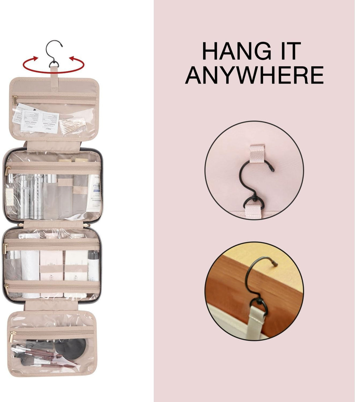 Large Water-Resistant Travel Toiletry Bag with Hanging Hook & Compartments