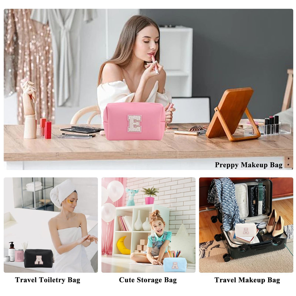 Personalized Preppy Patch Makeup Bag - Waterproof PU, Azure-Pink