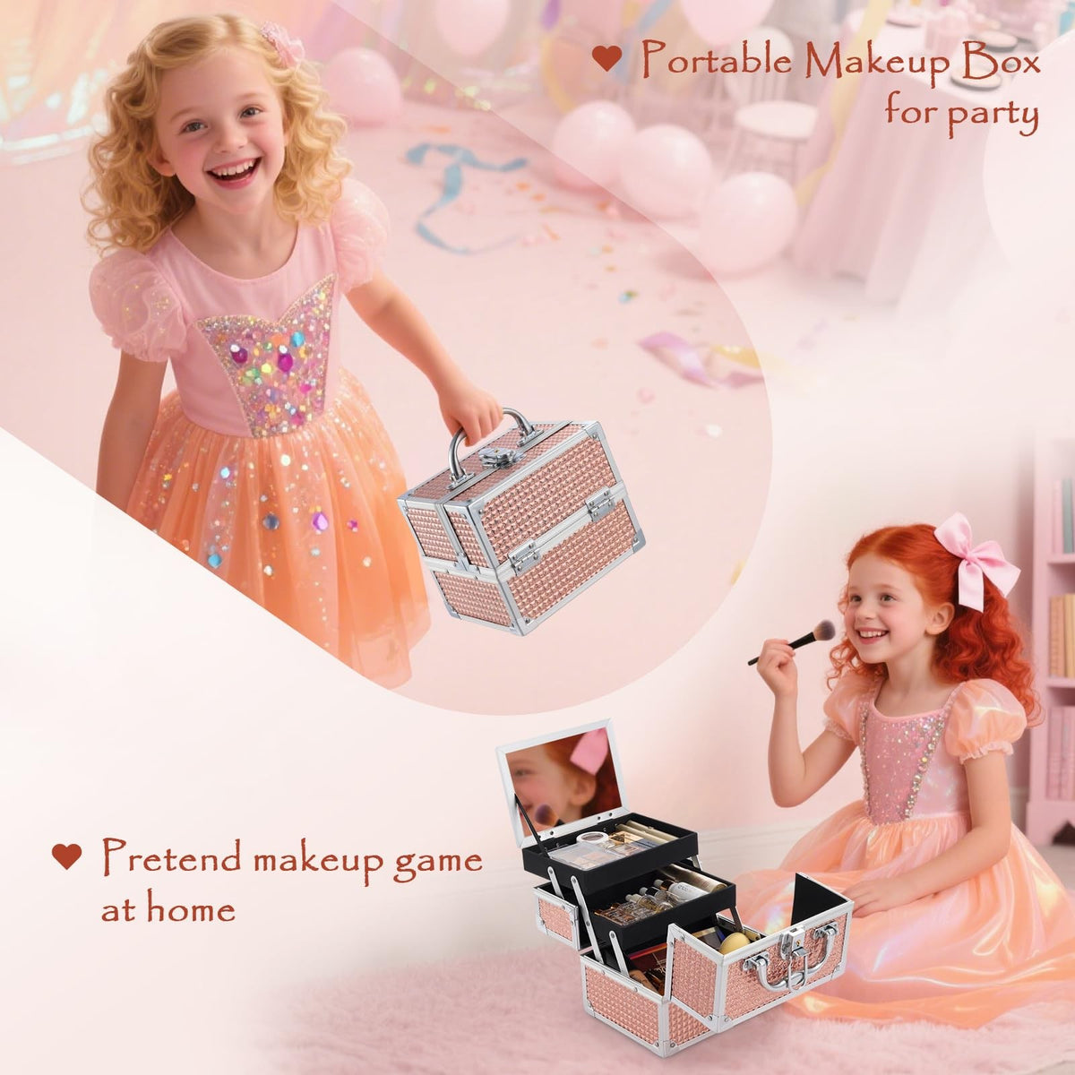 Cosmetic Makeup Box Organizer Case with Mirror, Glitter Pink 7.7 x 6.3 x 5.9 in