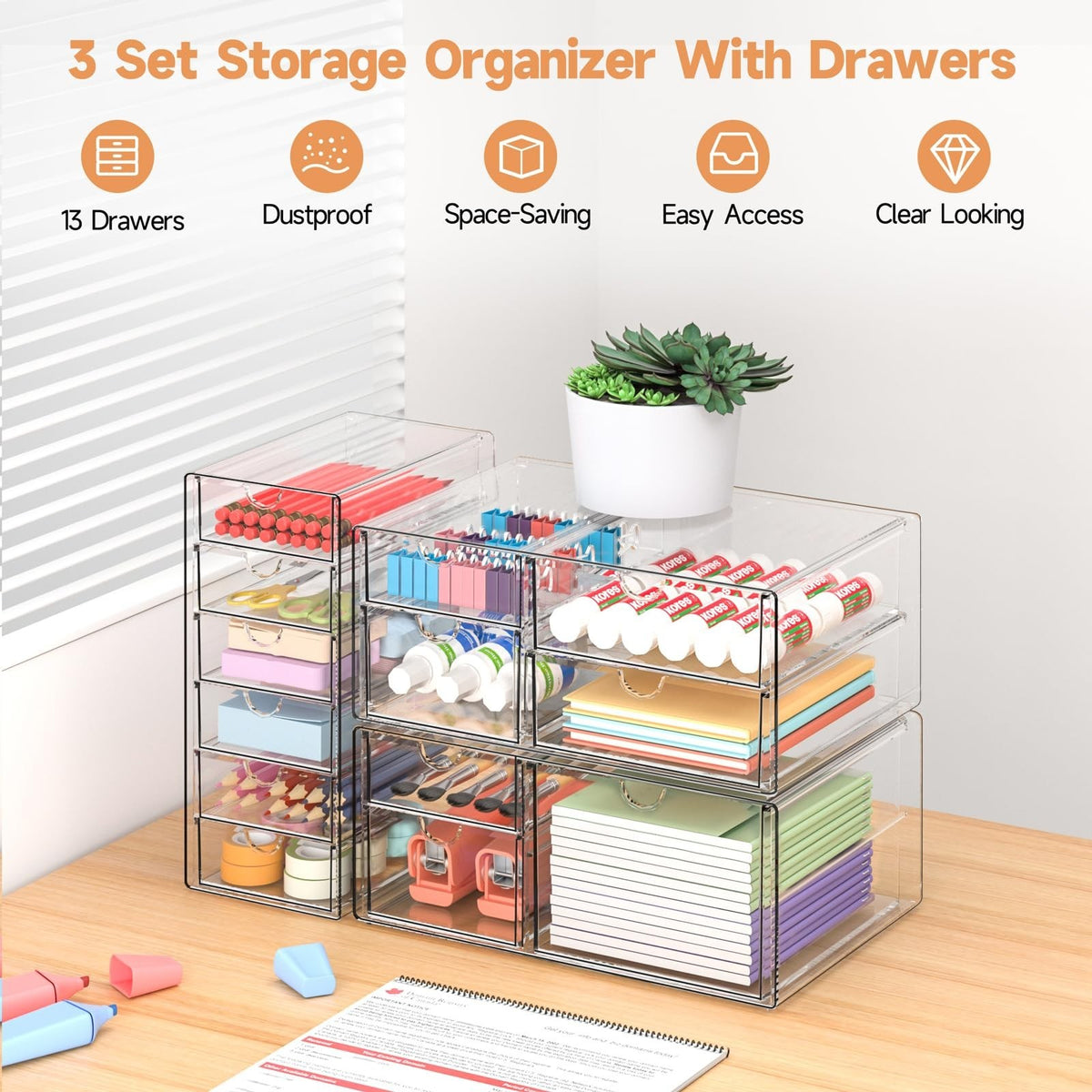 Acrylic 13-Drawer Makeup Organizer Set - 3 Pack Desk & Vanity Storage