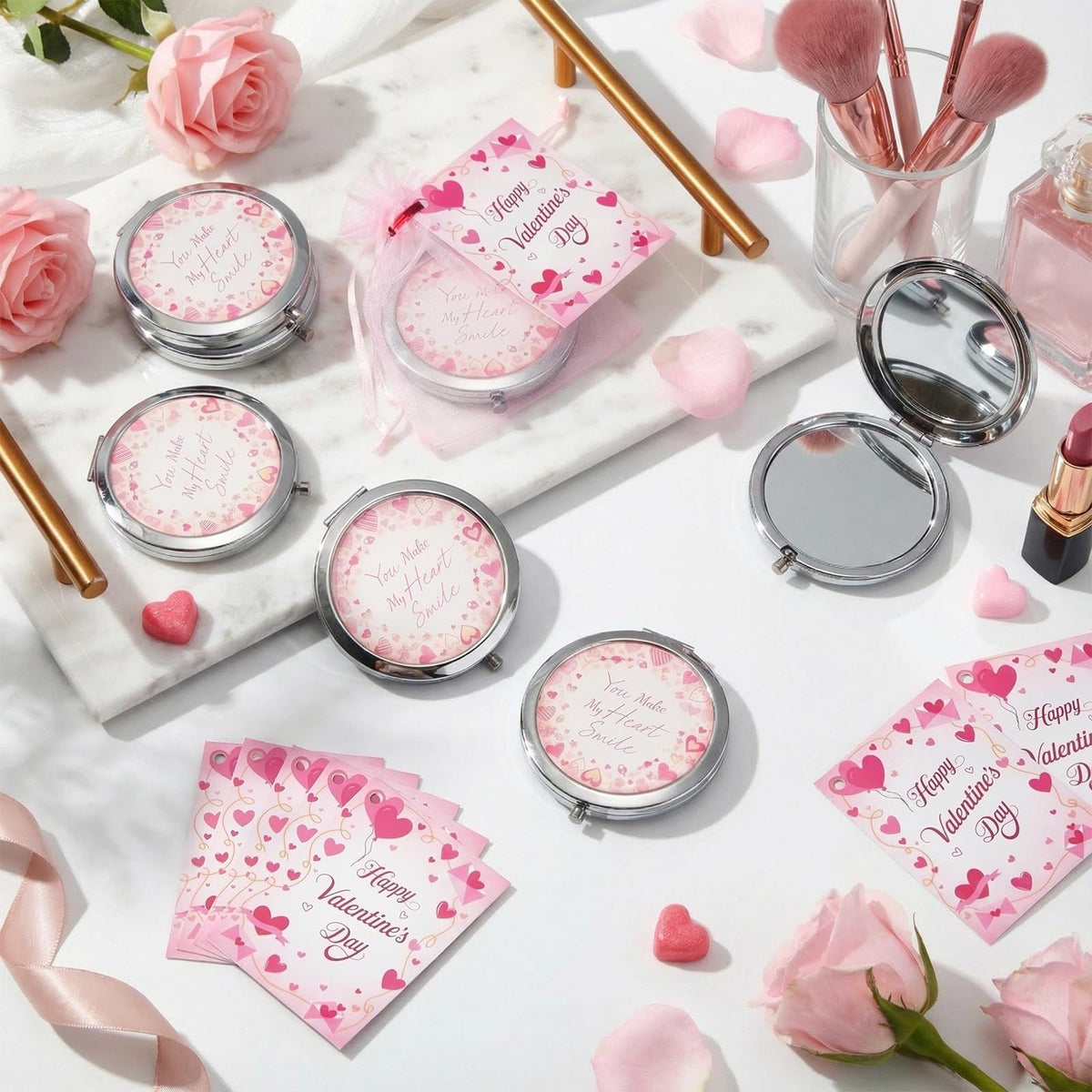 Valentine Compact Mirror Gift Set with Greeting Cards and Organza Bags - Bulk Pack of 12