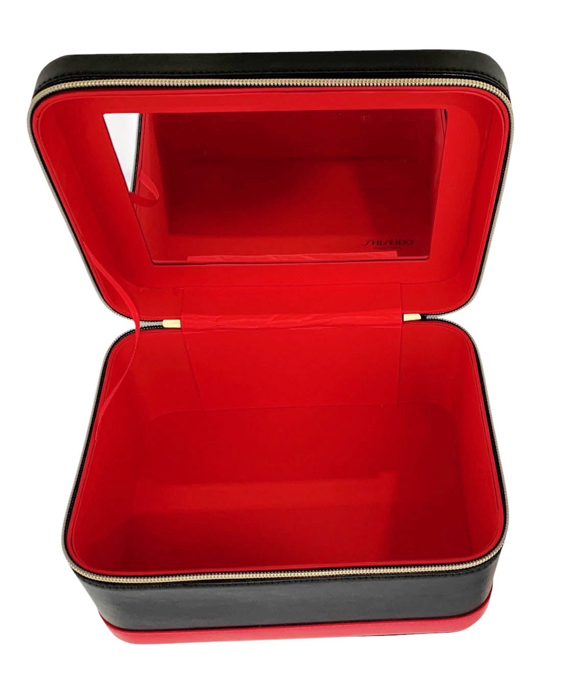 Large Leather Cosmetic Storage Box with Mirror - Black & Red Organizer