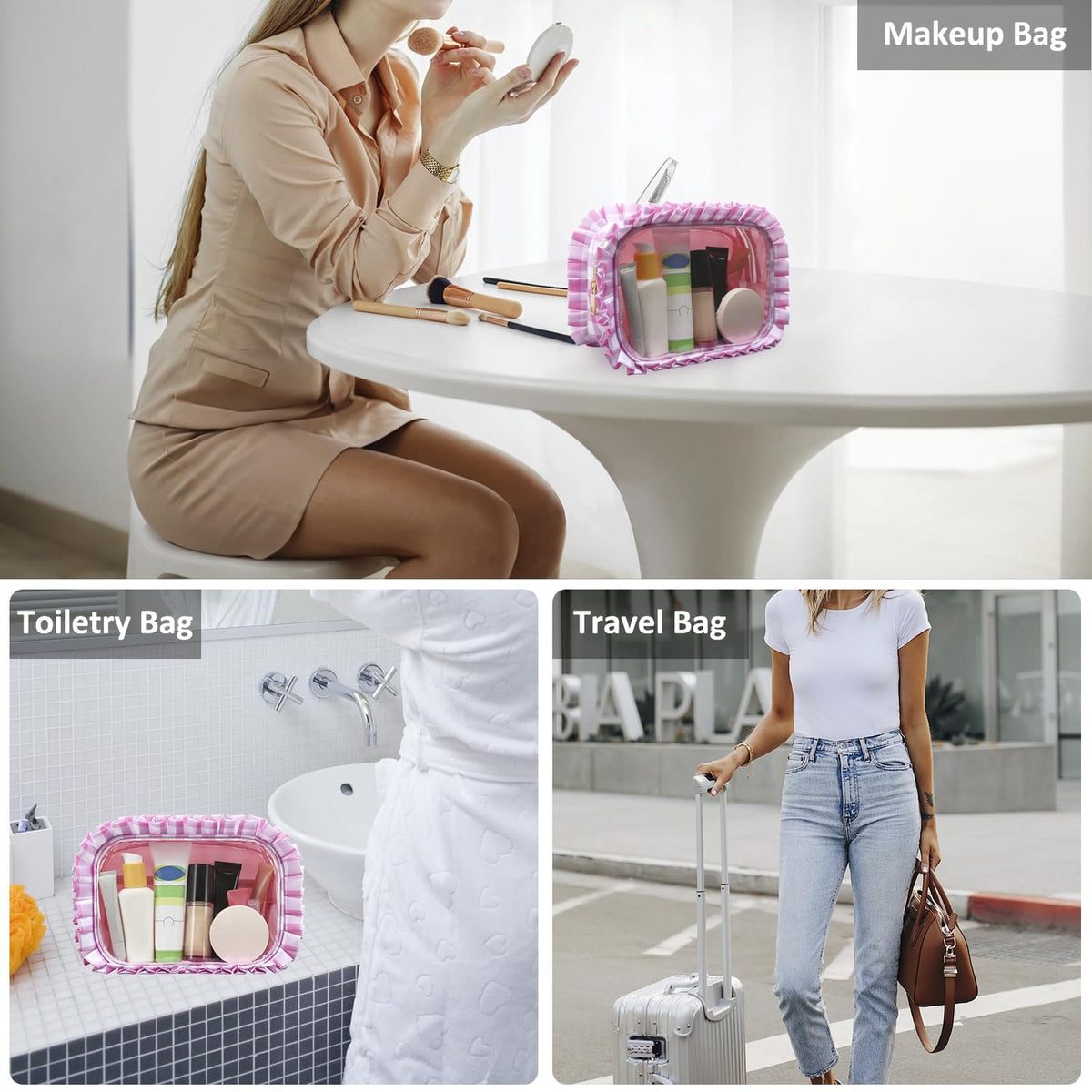 Large Transparent Makeup Bag with Ruffles - Travel Toiletry Organizer