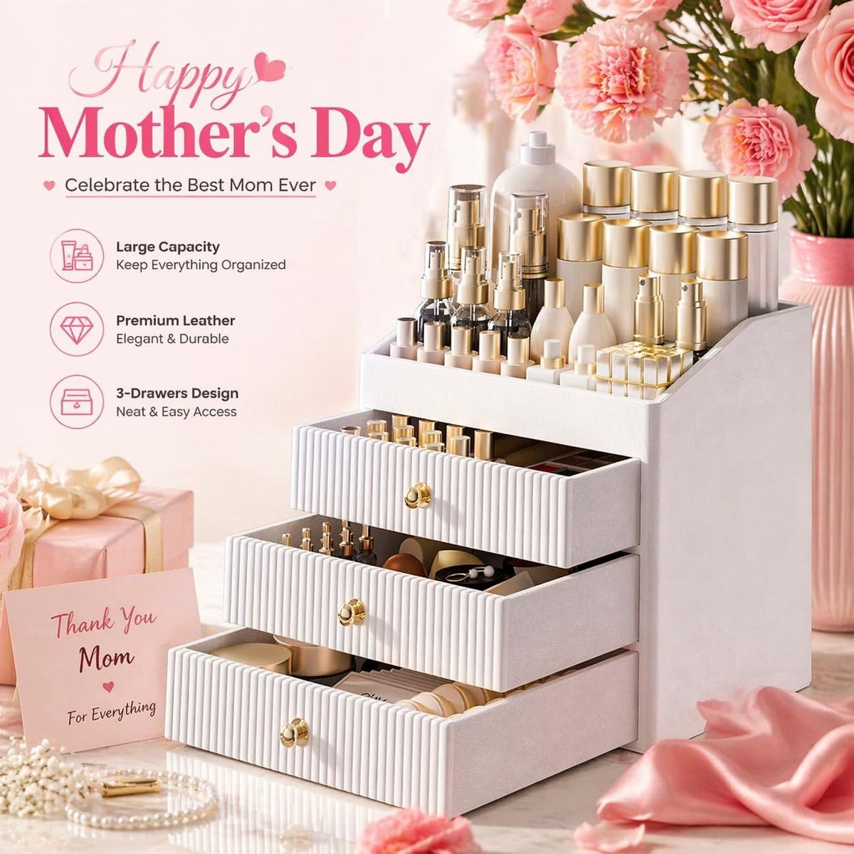 Luxury Skincare Organizer with 3-Tier Drawers - Beige & White Large Vanity Storage