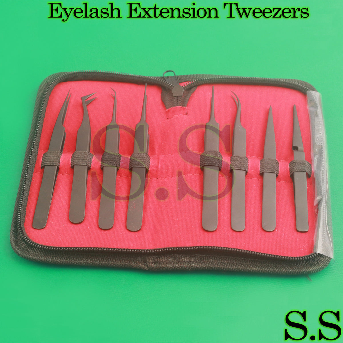 8 Pieces Eyelash Extension Tweezers Set - Black Stainless Steel